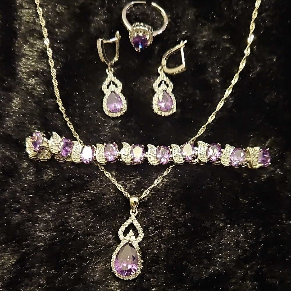 Purple Teardrop Crystal Necklace 4pc Set, Earring Bracelet Ring 19"+ 2" Ext.